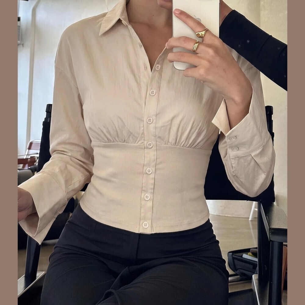 Cream Woven Button Front Collared Shirt with Jersey Knit Waistband